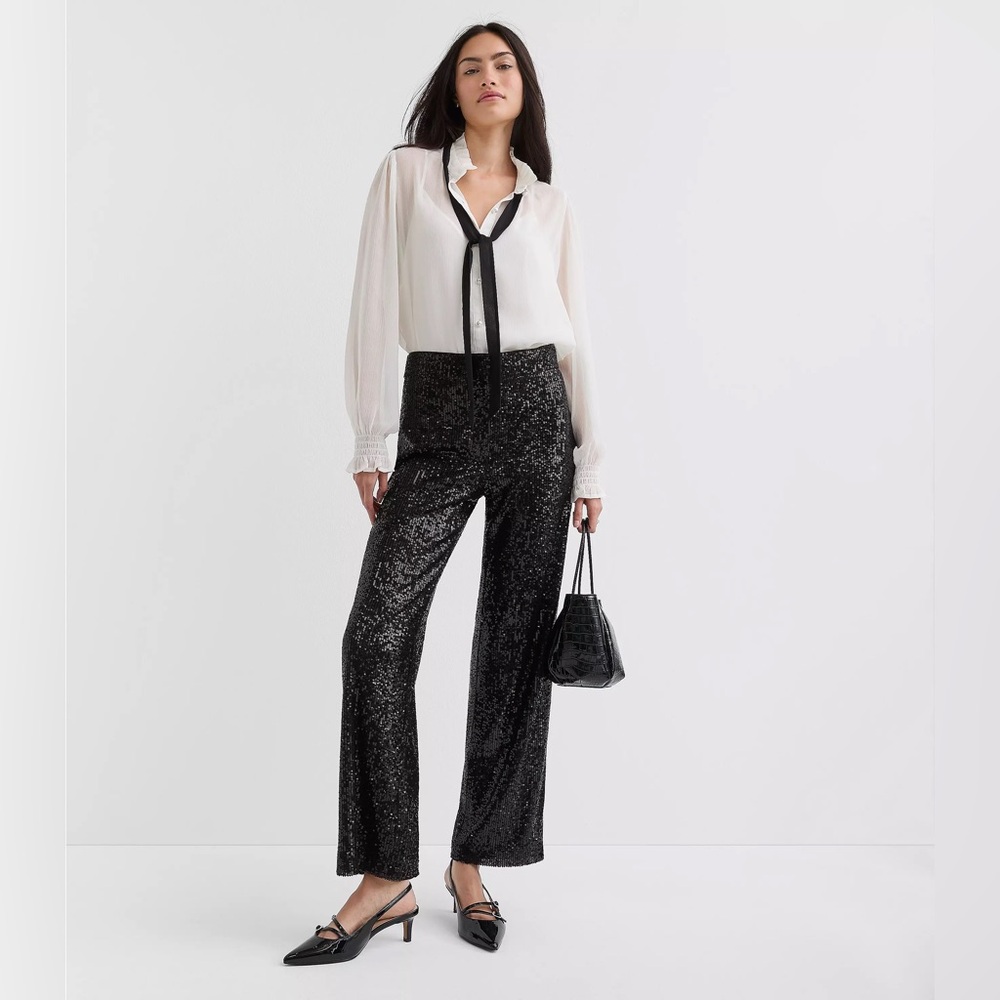 Chico's Black Sequin Wide Leg Pants sparkly evening Sz 1 embellished - Picture 1 of 7